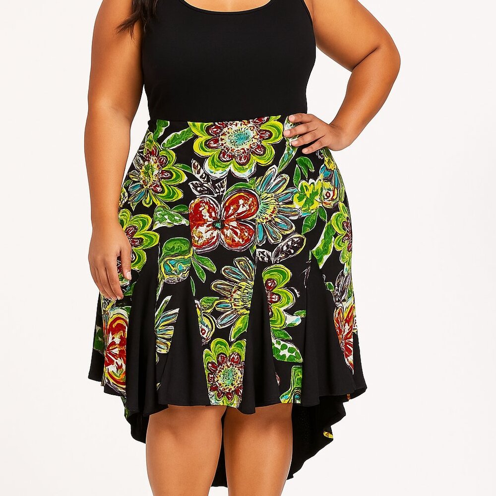 Bisou Bisou Tropical Floral High Low Skirt Elastic Waist Womens Size Large Hi-Lo